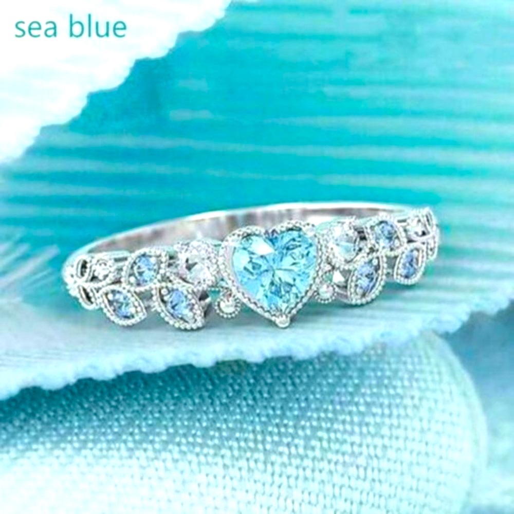 New 925 Silver Aquamarine and Sapphire Heart Ring